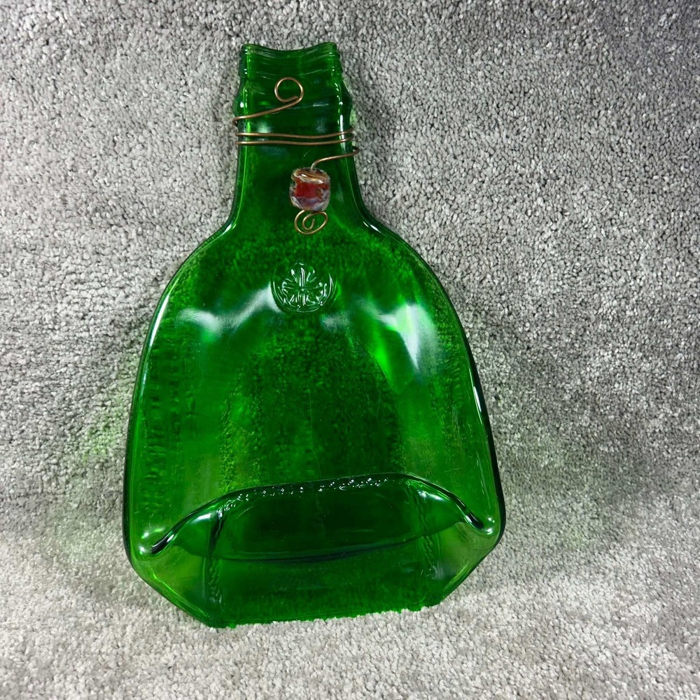 Slumped‎ Glass Bottle Serving Tray Green Copper Wire Wrap Bead Upcycled